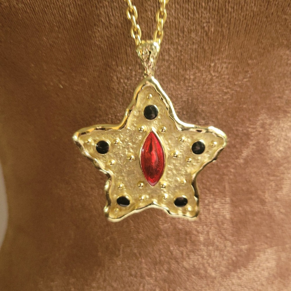 Vintage Gold‎ Star Pendant Necklace Red Black Stones 24 Inch Whimsigoth